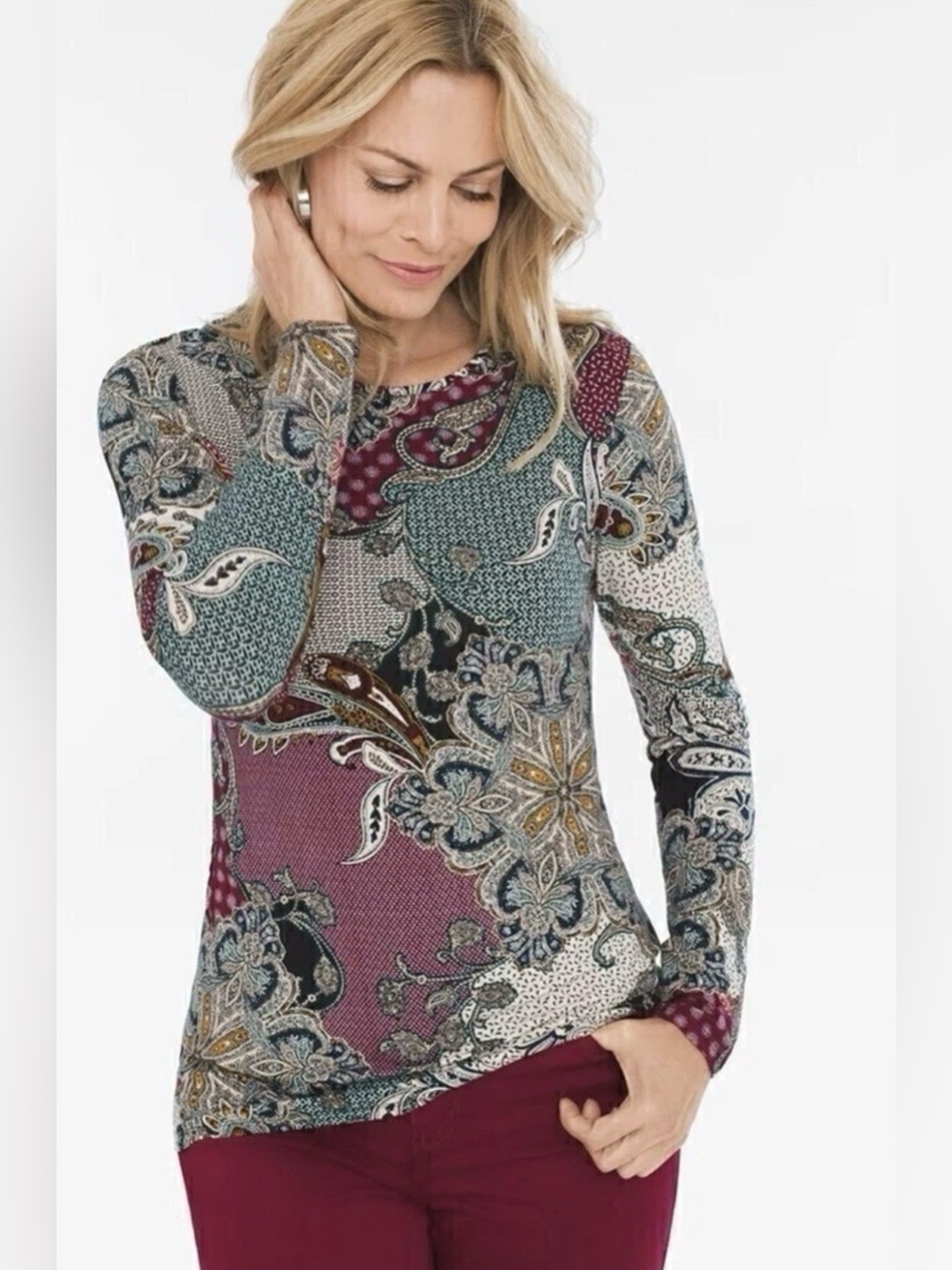 Chico's Paisley Floral Long Sleeve Top in Burgundy, Teal and Cream